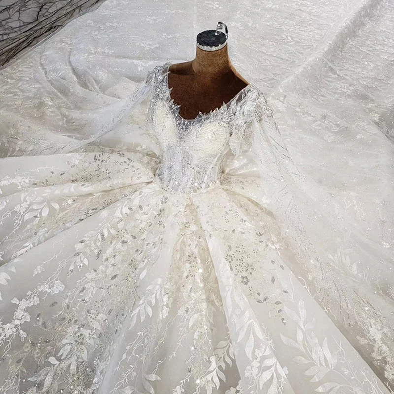 HTL1953 Elegant Extravagant Sequin Crystal Pearls Wedding Dress 2021 O-Neck Short Sleeve Lace Up Back 4