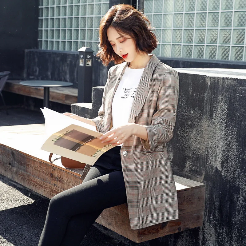 

2019 Spring And Autumn New Style Korean-style Casual Pattern Elegant CHIC Small Suit Female Suit Slim Fit Middle Long Coat