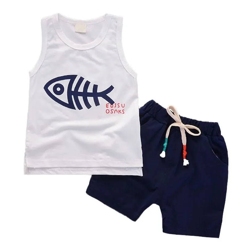 

2pcs Fish Baby Boy girl Clothes sets Summer New Baby Clothing Set Cotton Clothing Baby Clothes Sleevelesss tshirt+short Pant #E