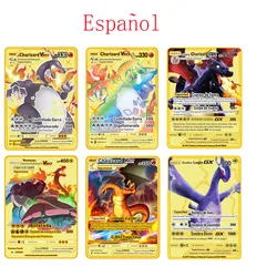 TAKARA TOMYSpanish – carte de combat en métal Pokemon, jeu de cartes de Collection, dessin animé, Charizard Pikachu, or, figurine d'action, jouet pour enfant, cadeau 
