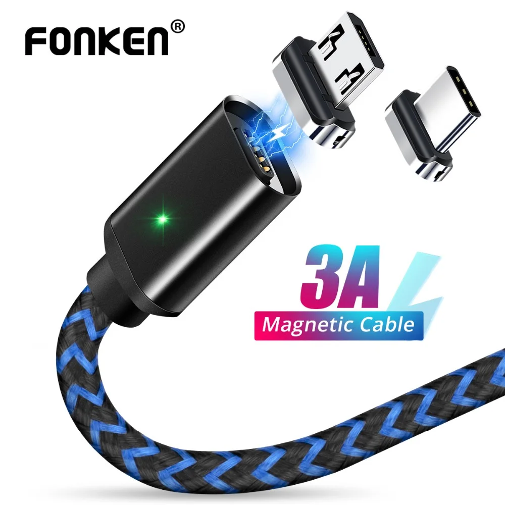 Магнитный кабель FONKEN USB-Micro-USB/Type-C для быстрой зарядки с подсветкой максимальный