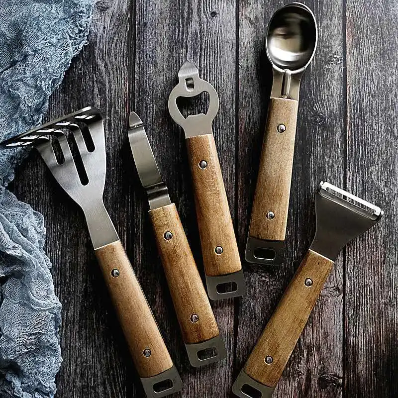 Wood Handle Puree Potato Masher Pusher Smooth Mashed Pressed Vegetable Slicer Shredder Peeler Fruit Tools Ice Cream Scoop vegetable slicer potato masher