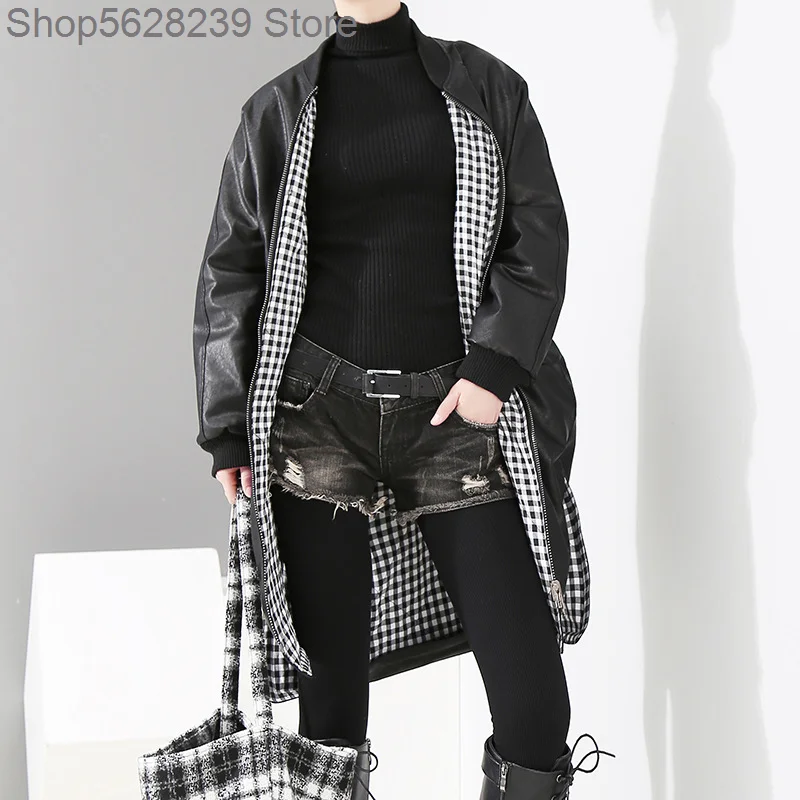 

## Season Loose Two Sides Wear Long Money Pu Windbreaker Chic Grid Leather Coat Coat Female 4107
