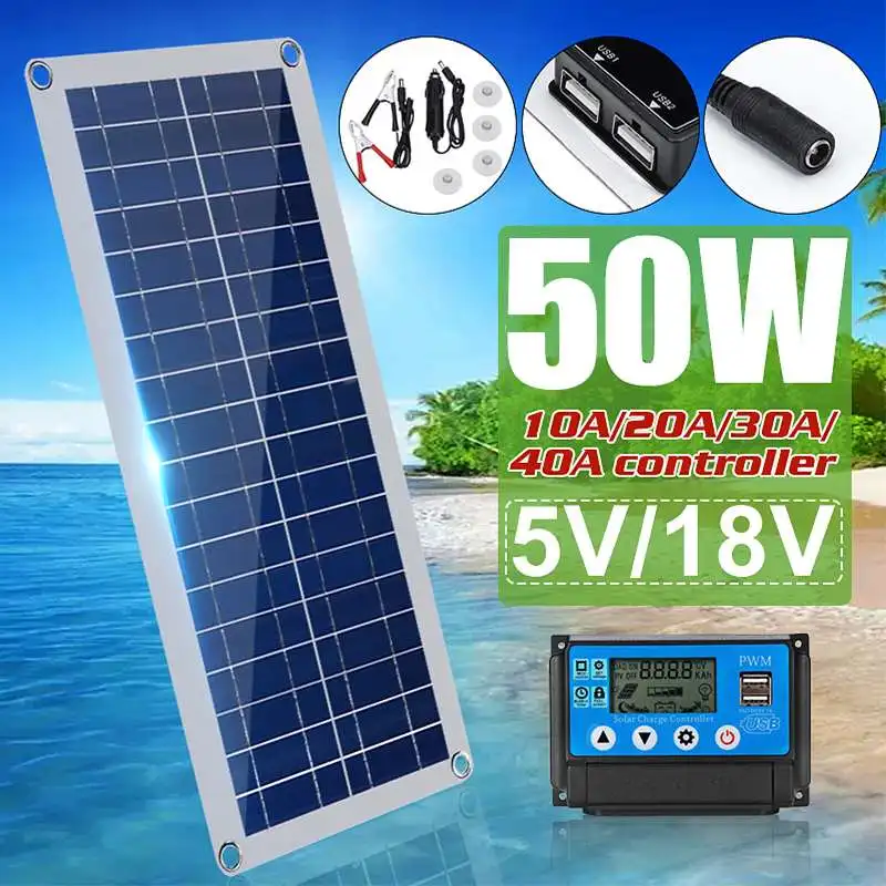

50W Solar Panel 5V/18V Dual USB with Car Charger + 10/20/30/40A USB Solar Charger Controller for Outdoor Camping LED Light