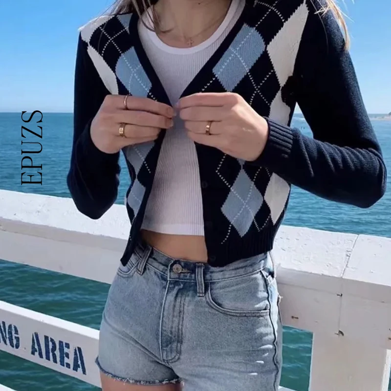 

Women Cardigan Vintage Stylish Geometric Pattern Short Knitted Sweater Fashion Long Sleeve English Style Outerwear Chaqueta