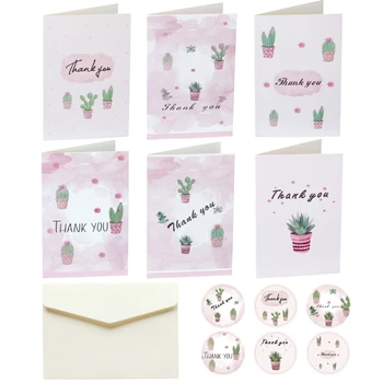 

6sets Thank you Cards with Envelope Stickers Creative Cactus DIY Folded Postcards Wedding Party Invitation Greeting Cards