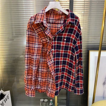 

2020 New Women's Shirt Casual Spliced Plaid Asymmetric Off shoulder Long Sleeve Cotton Loose Blouse Tops