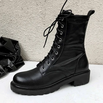 

Luxury brand Motorcycle boots women's riding boots cow leather lace up thick med heels European knight boots women's ankle boots