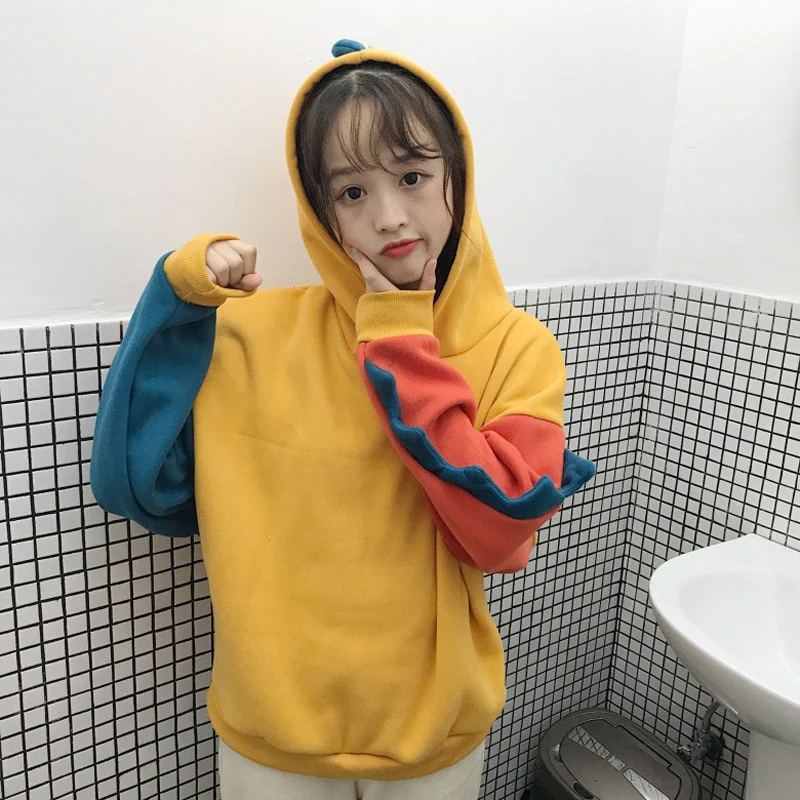 Yellow Aulead, с капюшоном, в стиле «пэчворк» зимняя Милая Harajuku Kawaii Толстовка Для женщин негабаритных кофты элегантный дизайн Топ пуловер спортивный костюм 5c - Цвет: Yellow