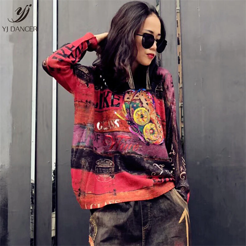 Long-Sleeved T-Shirt Female 2019 Spring Fashion New Round Neck Hip-Hop Printing Loose Wool Sweater Top H00412 | Женская одежда
