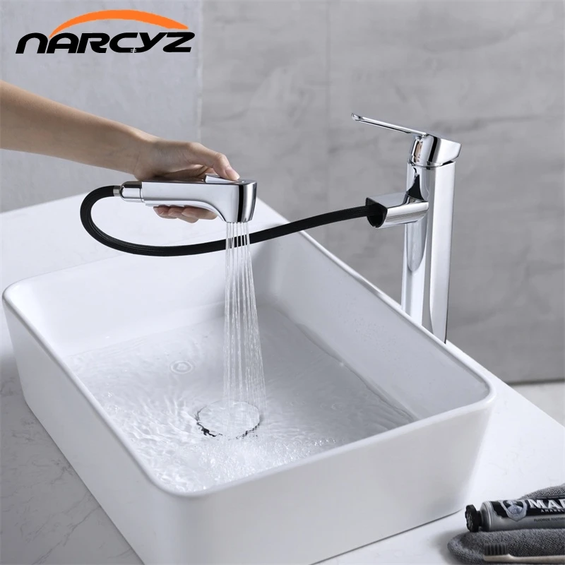Basin Faucets Brass Chrome Silver Luxury Bathroom Sink Faucet Single Handle Bathbasin Pull out Hot Cold Mixer Water Tap XT567 |