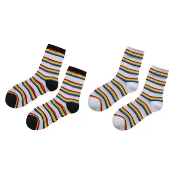 

Women Girls Summer Glass Fiber Mid Tube Socks Horizontal Rainbow Stripes Mesh Splicing Personality Thin Casual Hosiery