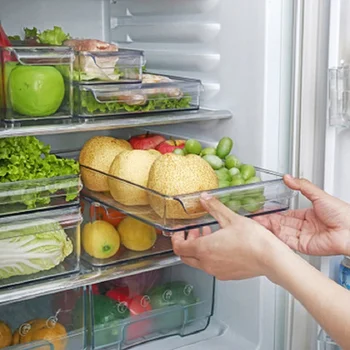 

Refrigerator Storage Box Food Container Stackable Handles Transparent PP Refrigerator Freezer Shelf Organiser Kitchen Supplies