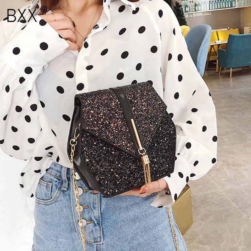 

[BXX] Luxury Sequins Crossbody Bags For Women 2020 Spring Solid Color Simple Shoulder Messenger Bag Lady Travel Handbags HK949
