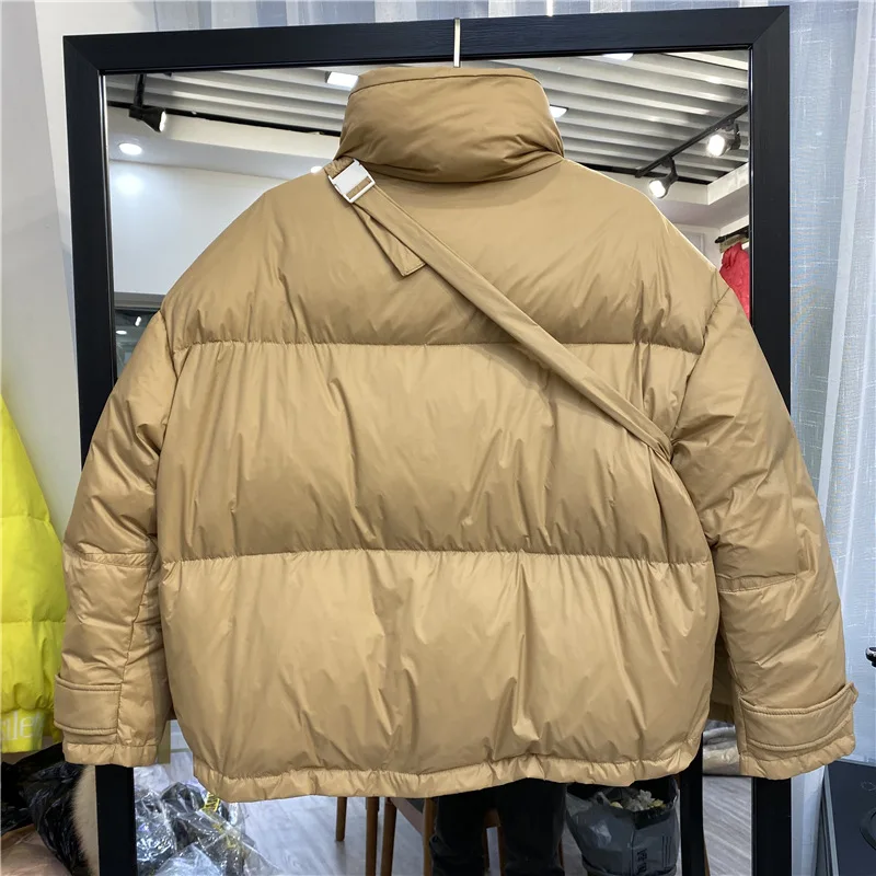 Women Short Down Jacket with Bags Loose Thick White Duck Down Filled Bread Jacket for Winter Outer Wear Coat