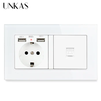 

UNKAS Luxury Glass Panel 2 Gang Wall 16A EU Standard 146mm * 86mm + Dual USB Charge Port Female RJ11 Telephone Jack Outlet
