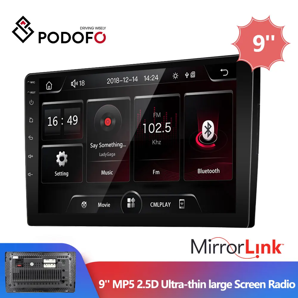

Podofo 9'' 2 Din Car Radio Stereo 2.5D Tempered Glass Mirror MP5 Bluetooth FM Radio Receiver Cassette Recorder Stereo Autoradio