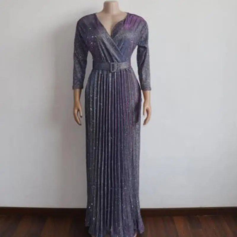Reflective Women Long Dresses Colorful Bronzing Party Dinner Maxi Dresses Casual Robe Sexy V Neck Pleated Dress - Цвет: Фиолетовый