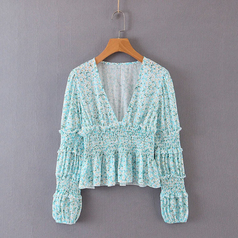 Conmoto Мода Boho Цветочный Принт синие женские короткие топы и блузка женская осень зима фонарь рукав v-образный вырез шифоновая рубашка