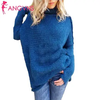 

Women Turtleneck Knit Sweater Casual Long Sleeve Solid None Loose Autumn, Winter Pullover Tops