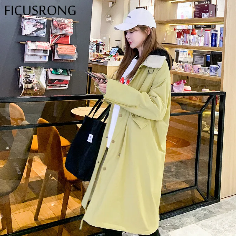 

FICUSRONG Sweet Button Lamb Wool Liner Design Long Women's Jacket Turn Collar Ladies Coats Autumn Winter Parkas