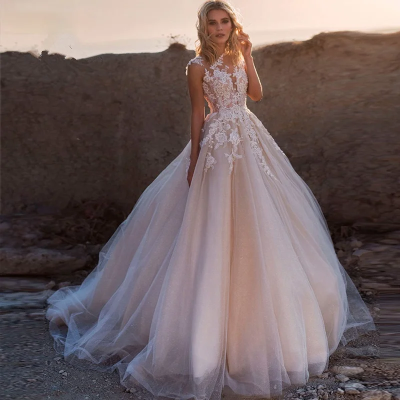 affordable wedding dresses 2021 Scoop Lace Appliques A-Line Wedding Dresses Sleeveless Tulle Boho Bridal Gowns Long Train Elegant Princess Dress cheap wedding dresses Wedding Dresses