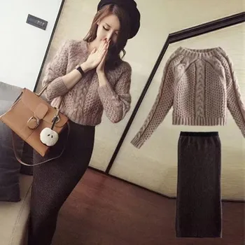 

2020 Autumn Winter High Quality NewPattern Women's Fashion Knitting Set Slim Hook Flower Sweater+Tight Fitting Skirt 2Piece Set
