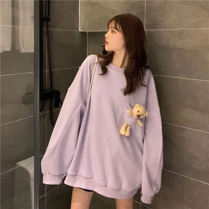 

Korean Style Lilac Hoodies Women Oversize Bear Plush Toy Pullover Sweatshirt Autumn Winter Harajuku Casual Loose O-Neck Top Cute