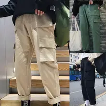 Винтажные мужские одноцветные длинные спортивные брюки с карманами, прямые брюки-карго, мужские корейские модные спортивные штаны, зимние комбинезоны