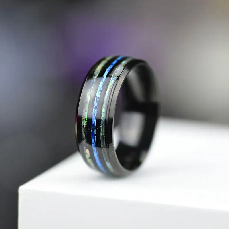 Elegant Rose Gold Tungsten Men's Wedding Ring with Abalone Shell & Blue Opal Inlay