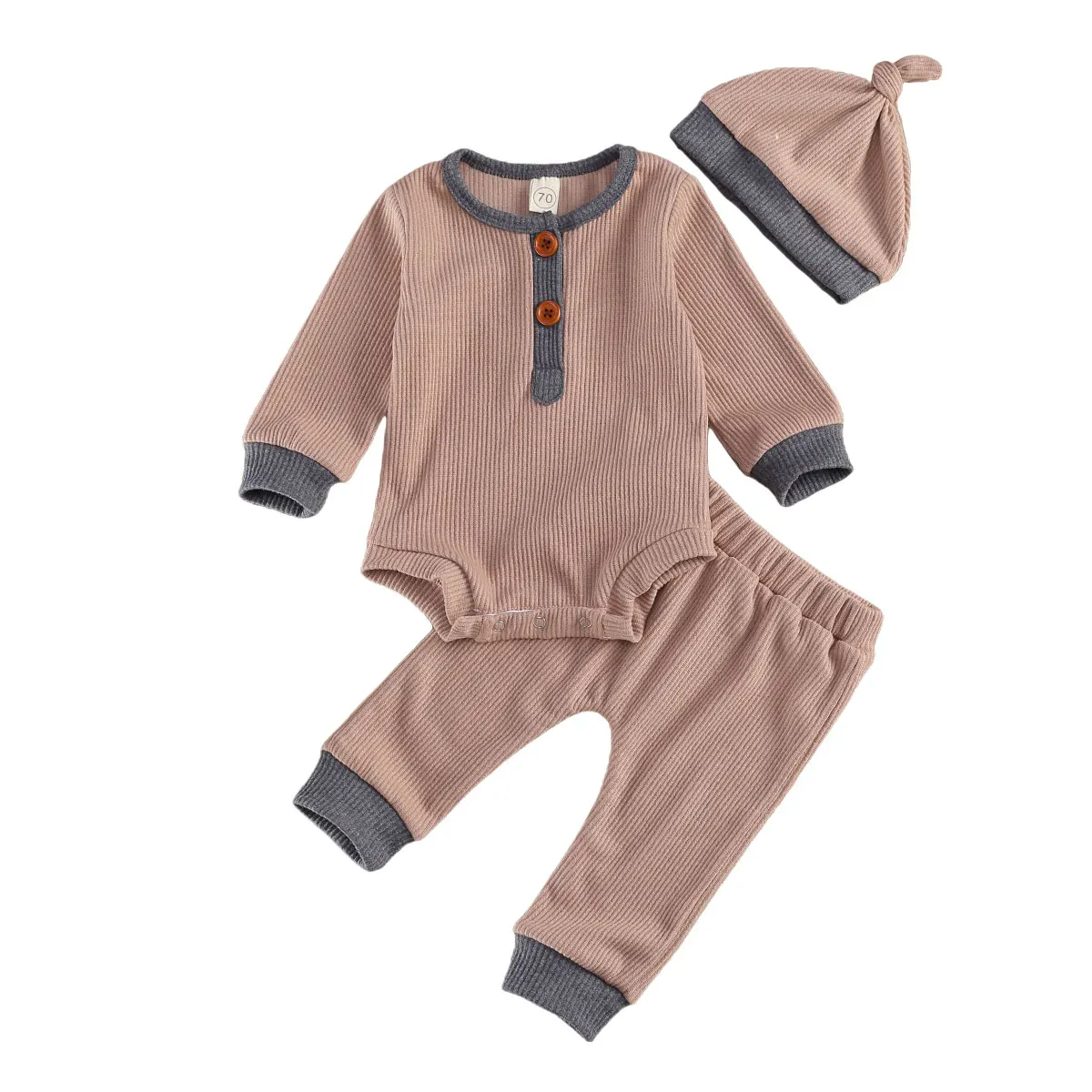 

3Pcs Newborn Color Block autumn Outfits Infant Long Sleeve Round Neck Decorative Button Bodysuit + Elastic Waist Trousers Hat