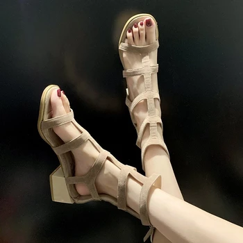 

Summer Women Gladiator Sandals Med Heel Ankle Strap Woman Sandal Fashion Zipper Designer Party Dance Open Toe Sexy Ladies Shoes