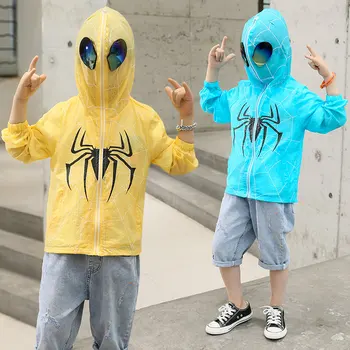 

Kids Boy Spider Pattern Sun Protection Jacket with Glasses Children Ultraviolet-Proof Coat Clothing 4 5 6 7 8 9 10 11 12 13 Year