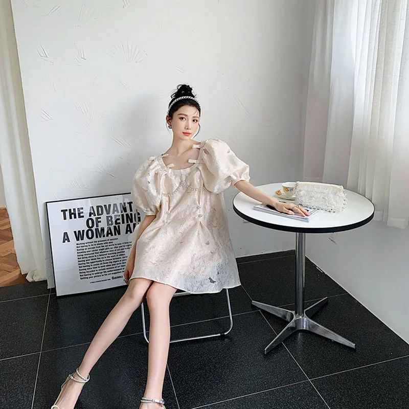 Vintage Beige Jacquard Mini Dress Women 