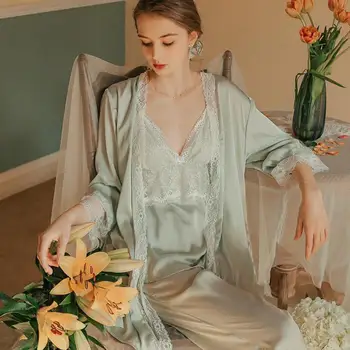 

Autumn Sexy Sling Sleepwear Sweet Casual Home Wear Cotton V-neck Solid Color Top + Long Pant + Lace Sleep Robe Three-piece Suit