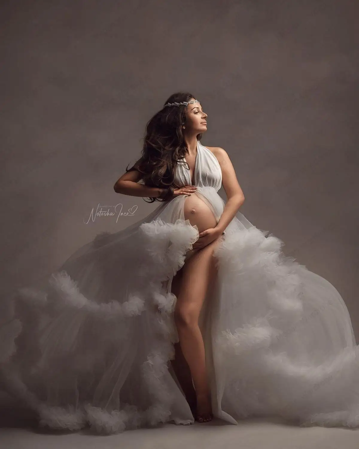 White Tulle Maternity Robes With Bow Ruffled