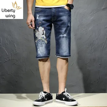 

Summer Hot Pants Men Embroidery Ripped Hole Knee Length Short Plus Size 44 Street Style Riding Casual Denim Shorts Jeans