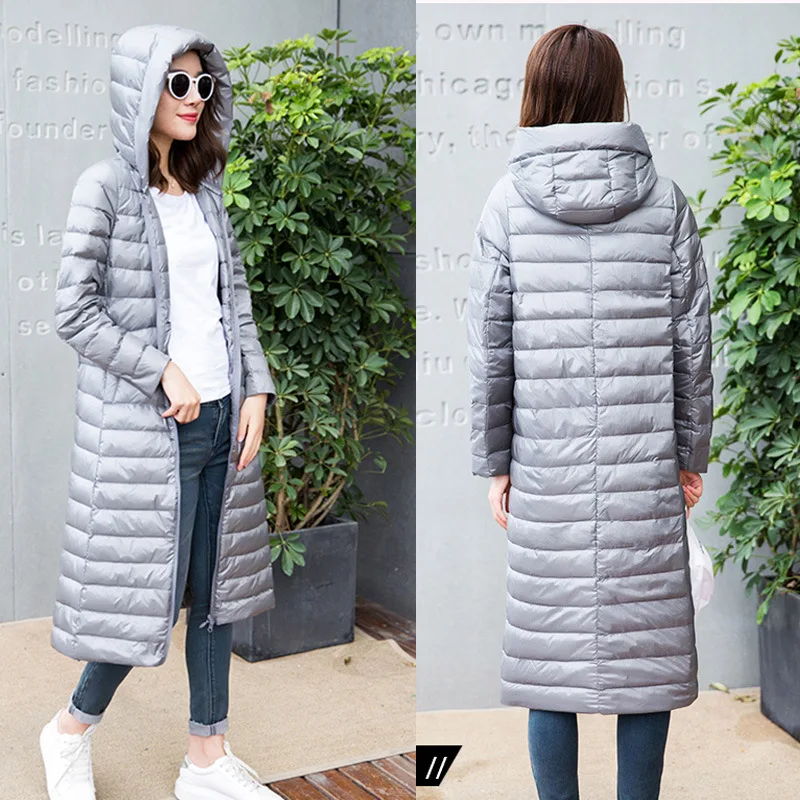  2020 Winter Women's Over-the-Knee Lightweight Hooded Down Jacket Fashion casual white duck down coa
