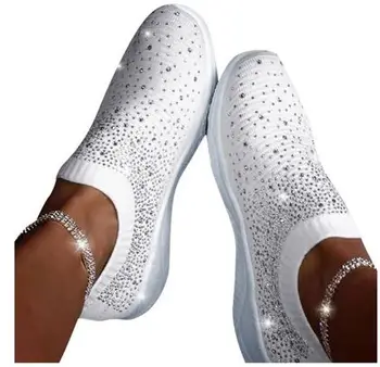 

YEELOCA 2020 Ladies Ankle Shoes Flat Loafers Crystal Fashion Bling Sneakers Casual Ladies Slip On Breathable XSX0454