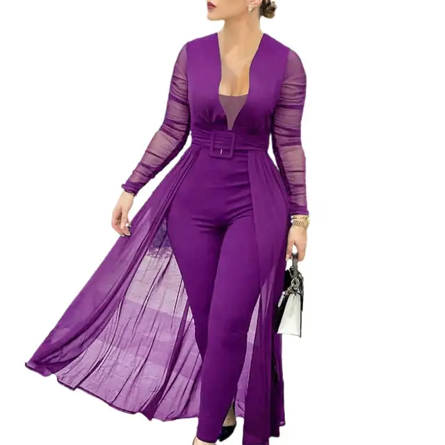 Women Jumpsuit Solid Color Skinny Playsuit Women Long Sleeve Sheer Patchwork Waist Tight Belt Overall for Party robe 2