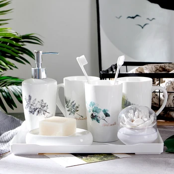 

Nordic Ceramic 6pcs 7pcs Bathroom Accessories Mug Cup Lovers Set Melamine Tray Cotton Swab Box Wedding Tooth Brush Cup Cylinder