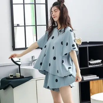 

Female Pajamas Suit Summer Dot Print Sleepwear Loose Caual Short Sleeves Top Shorts 2 Pcs Set Women's Home Wear