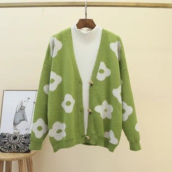 

HAMALIEL Women Single breasted Knitted Cardigan New Autumn Winter Green Floral Print Loose Sweater Coat Fashion Long Sleeve Coat