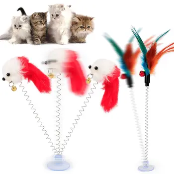 

Plastic Cat Interactive Toy With Bottom Sucker Elastic Spring Feather Plush False Mouse Funny Pet Toys