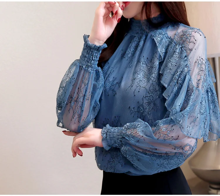 plus size blouses ruffles Lace Blouse 2020 long sleeve hollow out Elegant Casual Printed Women Tops Fashion Perspective Chiffon shirt Plus size shirts & tops