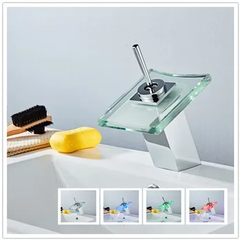 

LED Bathroom Faucet Brass Chromed Waterfall Bathroom Basin Faucets 3 Color Change Tap Deck Mounted Wash Sink Glass Basin Taps