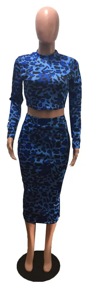 HAOYUAN комплект из двух предметов с леопардовой юбкой; Женская Осенняя праздничная одежда; укороченный топ и юбка миди; комплект из 2 предметов; пикантная Клубная одежда - Цвет: Синий