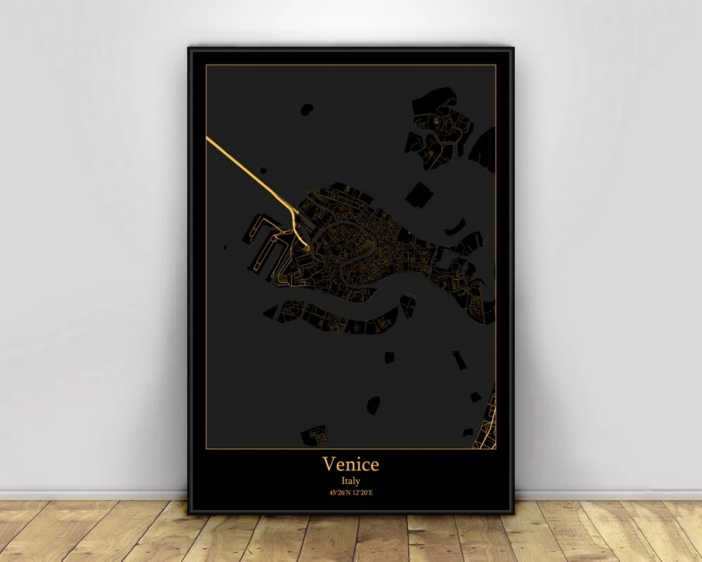 Venezia Italia Mappe Luminose Della Città In Oro E Nero Mappa Della Città Del Mondo Personalizzata Poster Stampe Su Tela Decorazioni Per La Casa In St