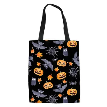 

Halloween Canvas Tote Bag Pumpkin Ghost Skull Bat Pattern Recycle Shopping Bags For Women Fashion Beach Pocket Bolsa Tela Lino