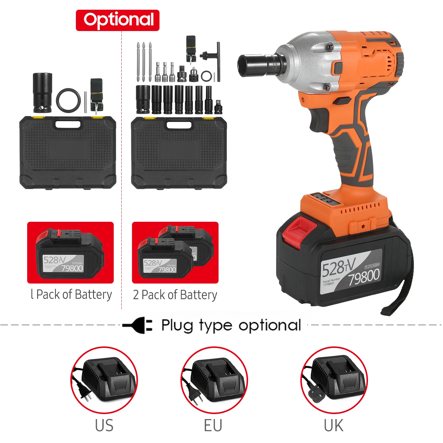 1/2 Inch Impact Nut Gun 3 Amp Hour Battery 380NM Torque Cordless with 4 sockets 